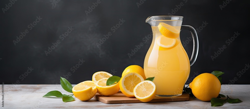 Aufkleber A homemade pitcher of orange lemonade is displayed on a gray backdrop with a focused shot, creating a serene copy space image.