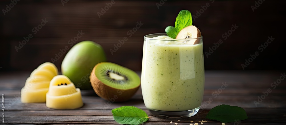 Poster Smoothie featuring a blend of pear, kiwi, and ginger, presented on a rustic background with ample copy space image.