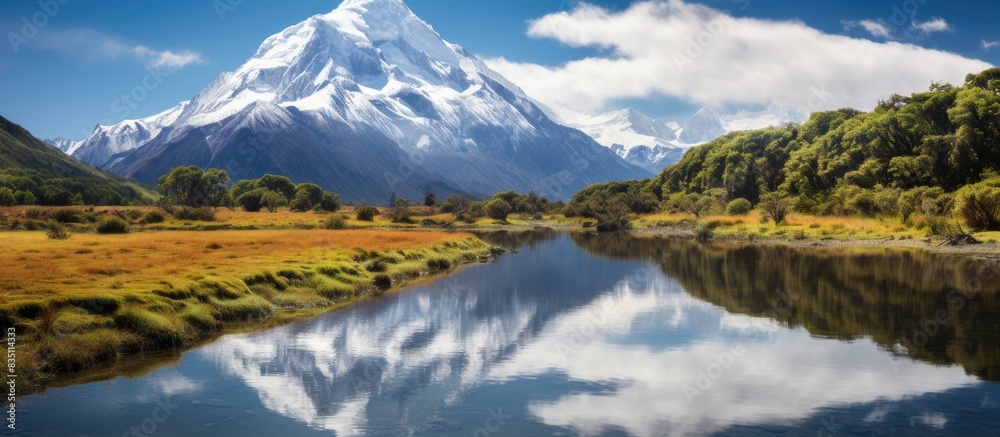 Poster during summer, a scenic photograph of a snow-capped mountain with a reflection in a river is showcas