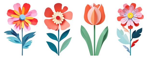 Paper cutout flower illustrations png element set on transparent background