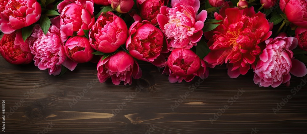 Poster Pink and red peonies positioned beautifully on a rustic wooden backdrop with space for text or graphics in the frame. with copy space image. Place for adding text or design