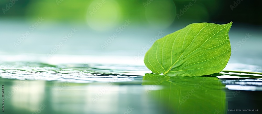 Poster Macro image of a green leaf on water with copy space image.