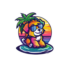 Fototapeta premium Cartoon pup at beach with palm tree