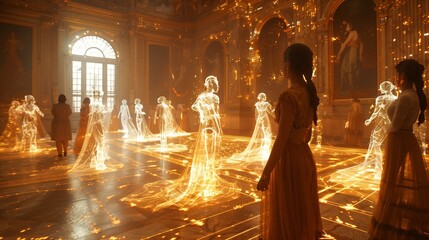 Woman Observing Transparent Figures in Gilded Hall