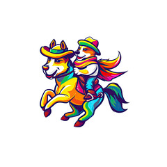 Vibrant horse in cowboy hat and rainbow mane