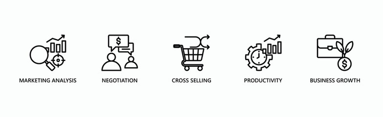 Strategic Planning Banner Web Icon Vector Illustration Concept With Icon Of Marketing Analysis, Negotiation, Cross Selling, Productivity, And Business Growth