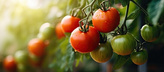 A closeup image displaying green, orange, and red tomatoes on a plant with ample copy space image. - Powered by Adobe