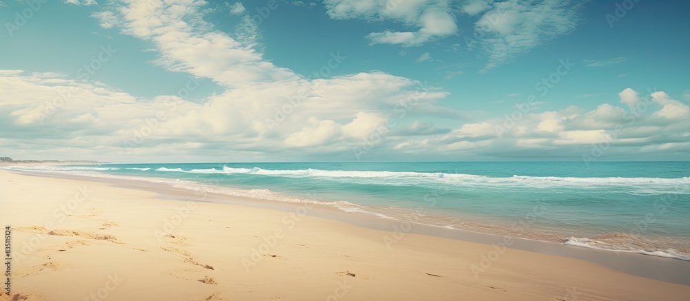 Poster scenic seaside with a vast expanse of sand and a serene ocean view, ideal for relaxing vacations and