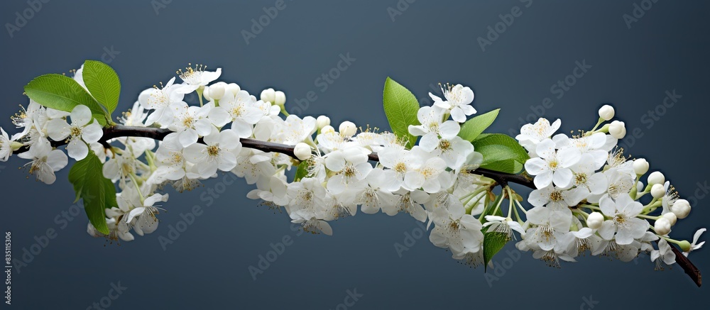 Poster Close-up of fragrant bird cherry branch with white flowers - copy space image.