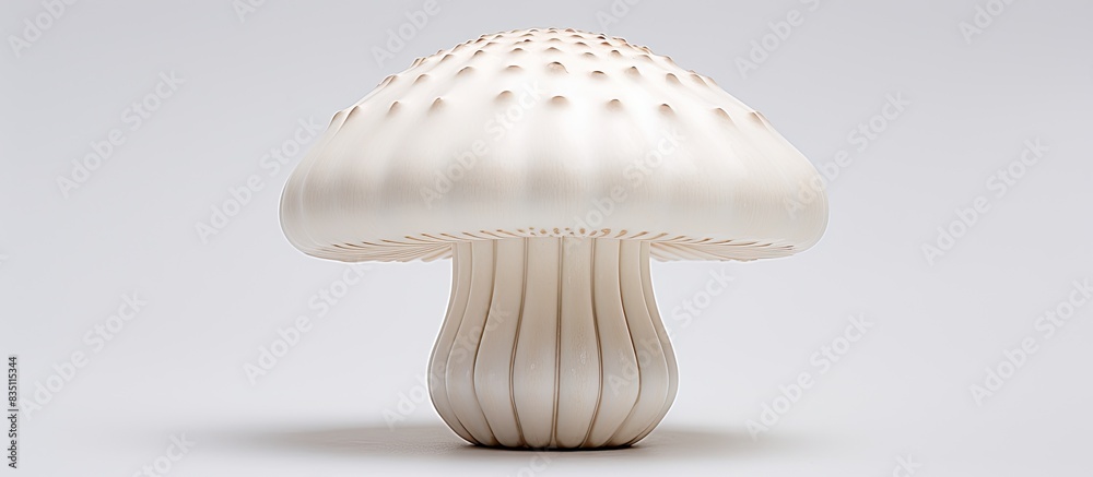 Poster detailed shot of a ceramic mushroom with a white background, suitable for adding text or other eleme