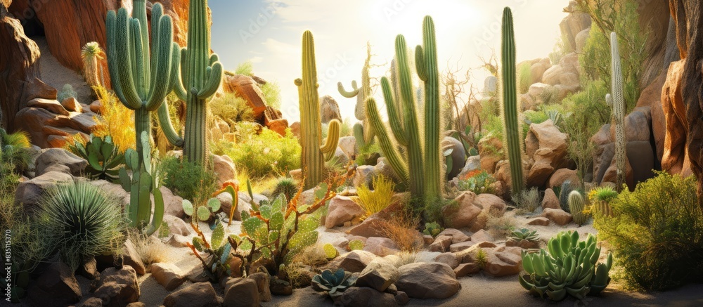 Poster vertical image featuring large cacti and rocks illuminated by sunlight, suitable for copy space imag