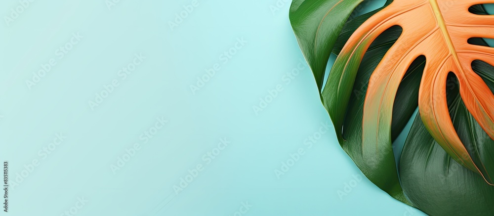 Poster Monstera leaf on a colorful background with room for text in the image. with copy space image. Place for adding text or design