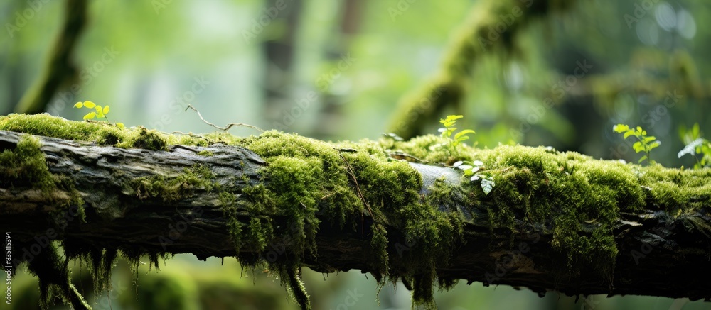 Poster Tree trunk covered in moss, creating a serene natural scene with copy space image.