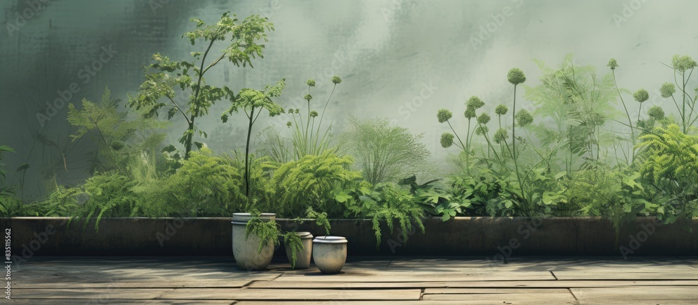 Leinwandbilder A garden setting with a backdrop of coriander, providing space for text or graphics. with copy space image. Place for adding text or design