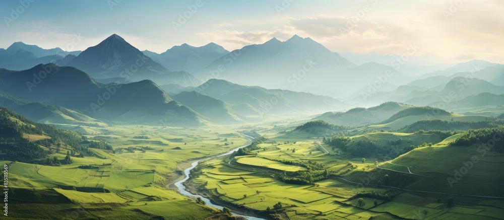 Poster scenic mountain valley illuminated by sunlight, displaying a vibrant landscape with a perfect backgr