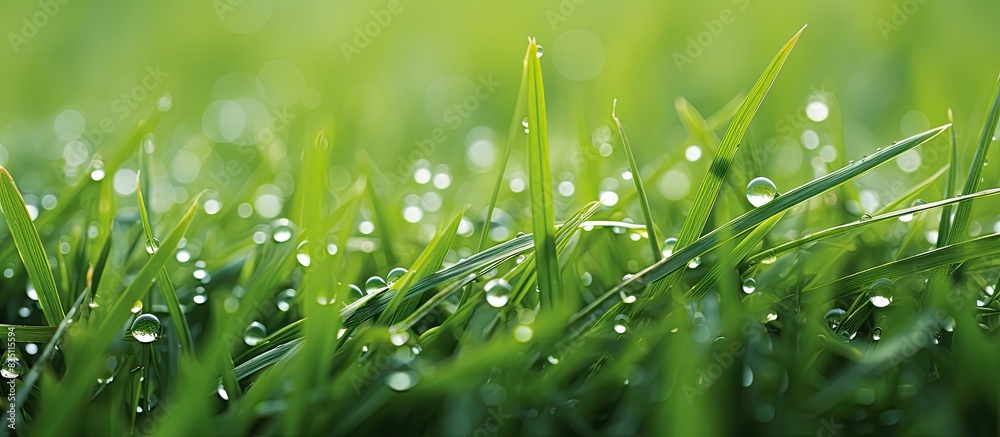 Poster Close-up macro image of raindrops on clean green grass with ample copy space image.