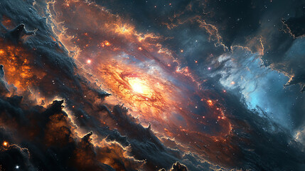 A Contemporary Supermassive Black Hole With Colorful Galaxies Spinning Around It, Quasars Are Shooting out From The Black Hole on Both Sides