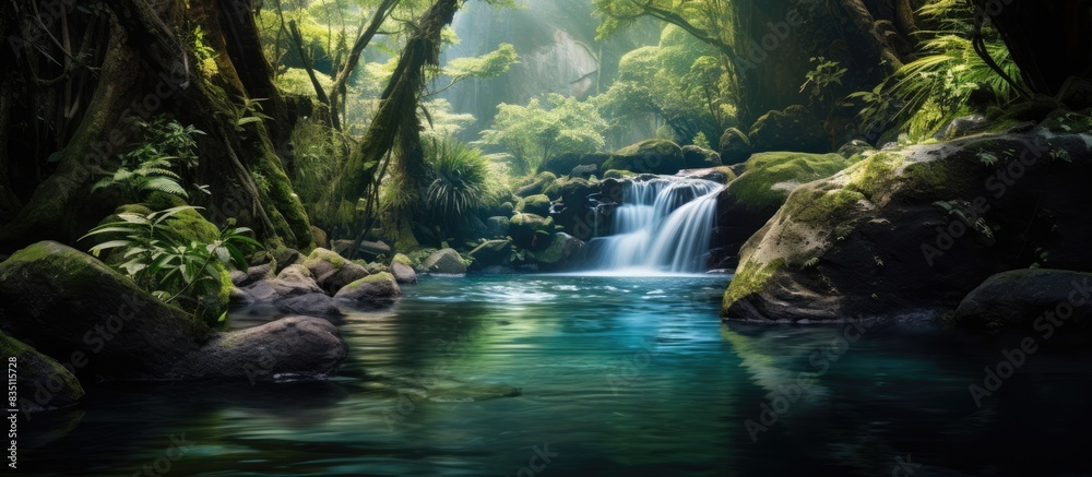 Poster nature scene with a picturesque waterfall cascading into a serene rock pool, set in a lush forest wi