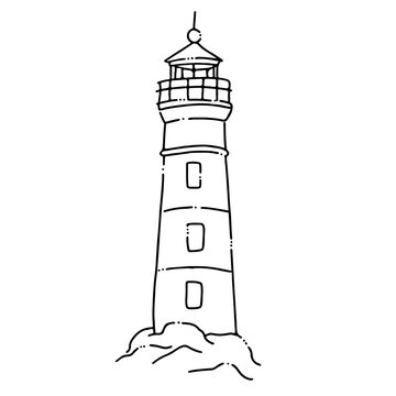 Illustration au trait noir d'un phare breton