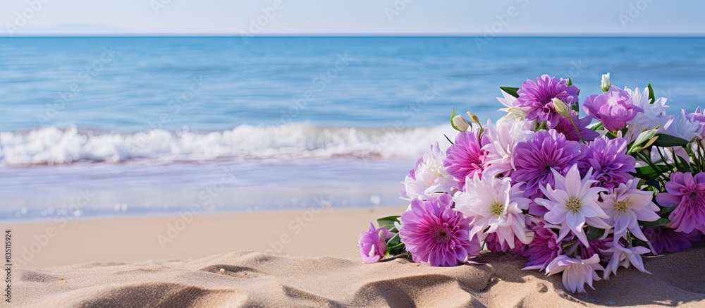 Poster flowers in shades of purple scattered on the sandy beach, with a clear sky above and the sea in the 