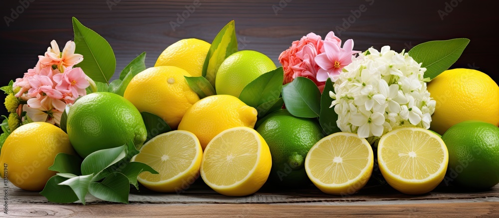 Aufkleber bright fresh lemons and limes in various colors attractively arranged on a wooden surface with flowe