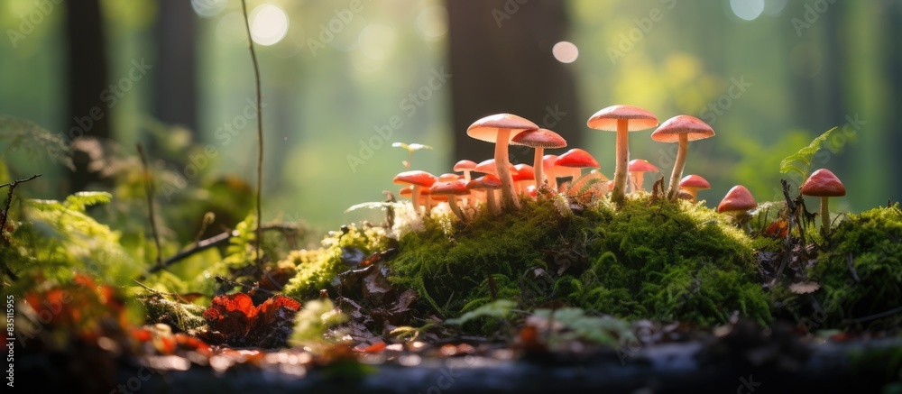 Poster fungi growing in the heart of the dense forest, with ample copy space image.