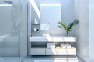 Fototapeta premium Minimalist Bathroom with Floating Vanity Frameless Mirror and Glass Shower Enclosure