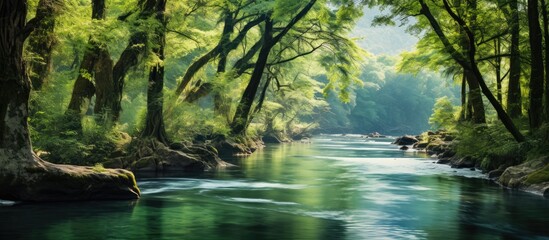 Obraz premium Tranquil river flows leisurely through lush forest, offering serene natural beauty and a peaceful ambiance, ideal for a copy space image.