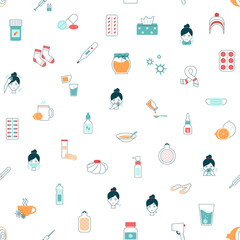 Seamless pattern of cold and flu icons in flat style. Treatment of viral sickness. Continuous print of pills, tablets, sprays, drops for fever, viral diseases, illness. Isolated vector illustration