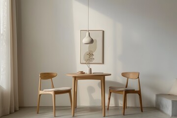 Minimalist Dining Area with Wooden Table Chairs and Pendant Light