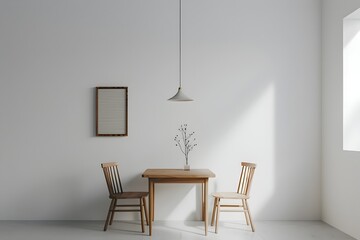 Minimalist Dining Area with Wooden Table Chairs and Pendant Light