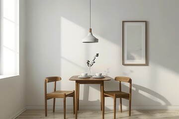 Minimalist Dining Area with Wooden Table Chairs and Pendant Light