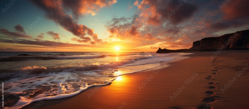 Poster capture a stunning landscape image of a beach at sunset with copy space image.