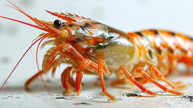 Red Raw Prawn Or Tiger Shrimp On Blurry White Background