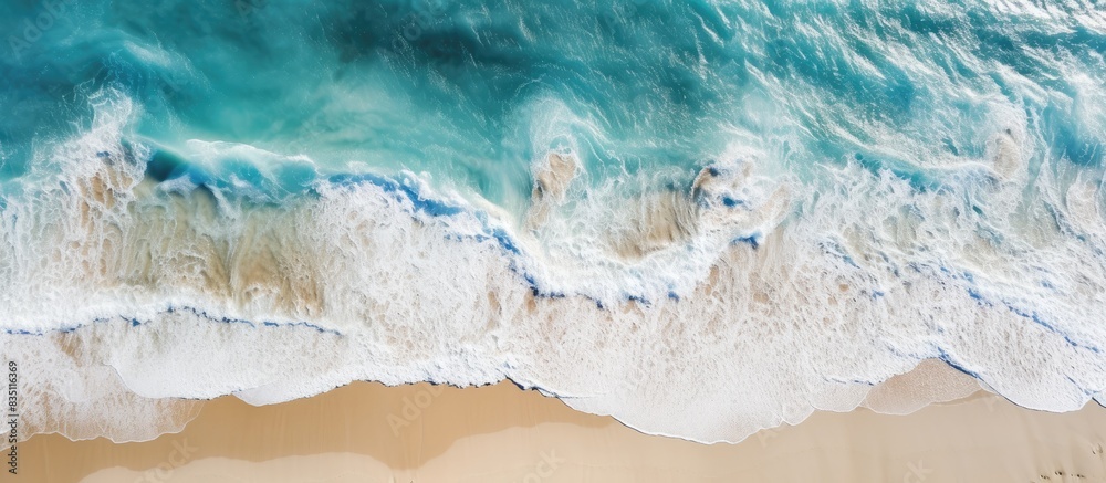 Poster Top view of a beach with waves against a turquoise water background captures a summer seascape from the air, creating a travel concept with copy space image.