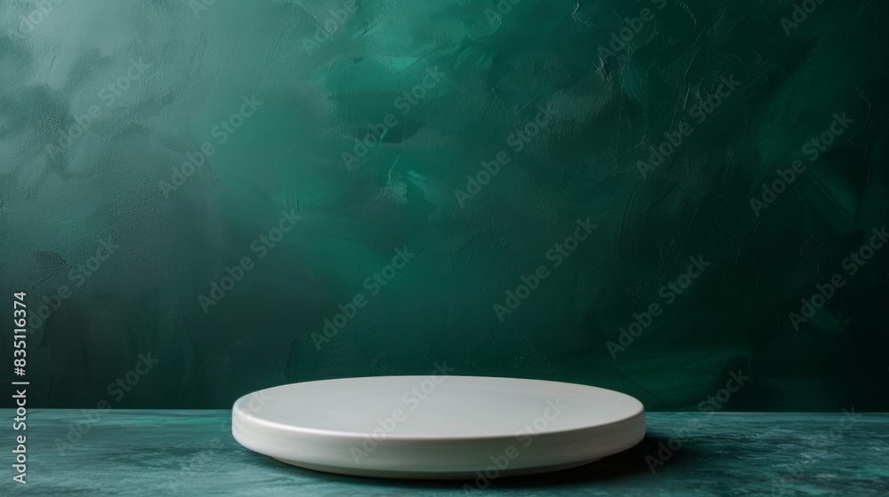 Leinwandbilder a white circular pedestal is placed on a green marble surface, illuminated by soft light. the backdr