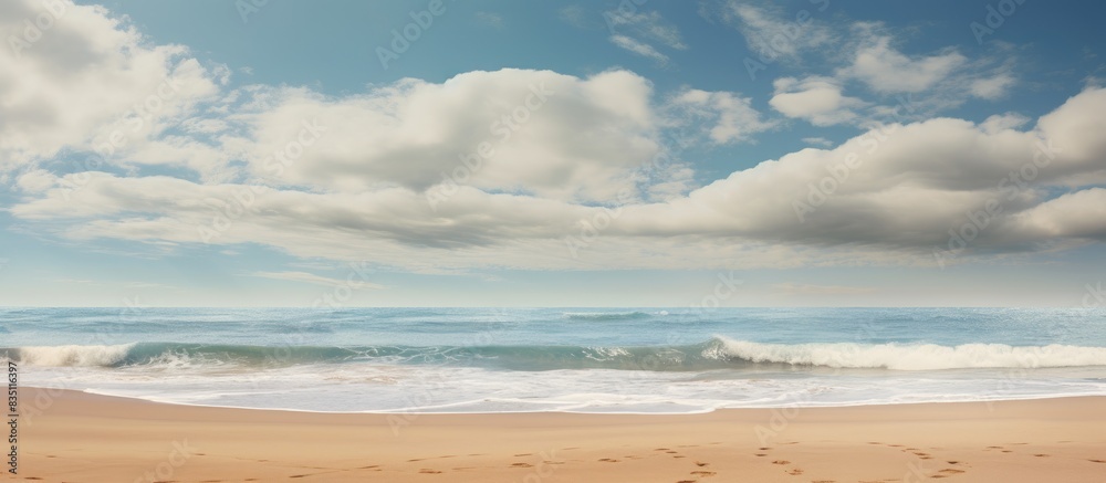 Poster The stunning clouds form a captivating backdrop against the sandy beach, creating a picturesque scene with ample copy space image.