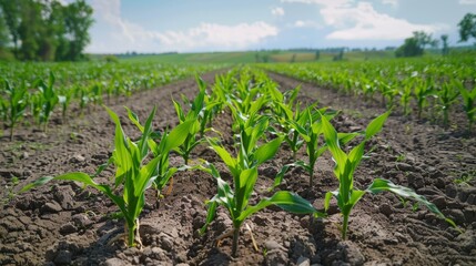 Rows of young corn plants growing on the field