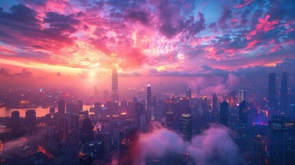 Fototapeta premium Whole city celebrating the New Year or any national event with fantastic multi-colored fireworks, copyspace on the night sky 