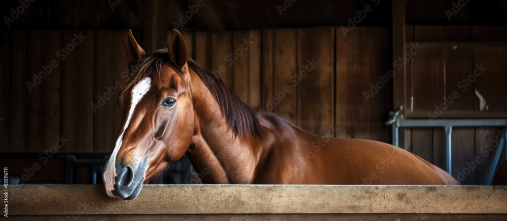 Poster horse in barn enjoying rest with copy space image.