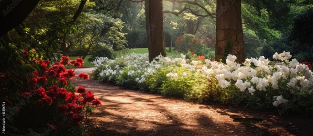 Poster park garden with white and red flowers set against dark shadows and sunlight filtering through, idea