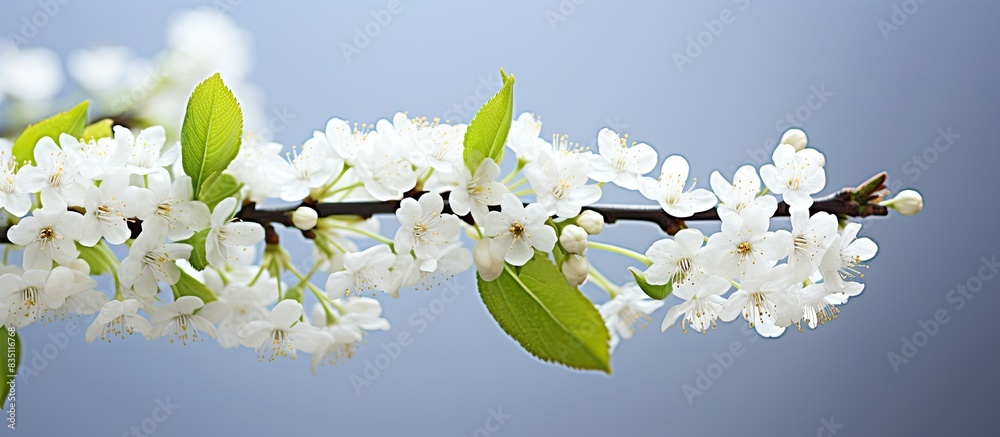 Aufkleber close-up of fragrant bird cherry branch with white flowers - copy space image.