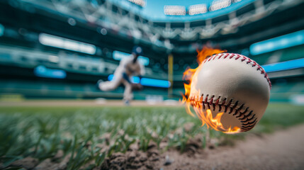 close-up on a fastball baseball throw with a professional baseball player on the background 