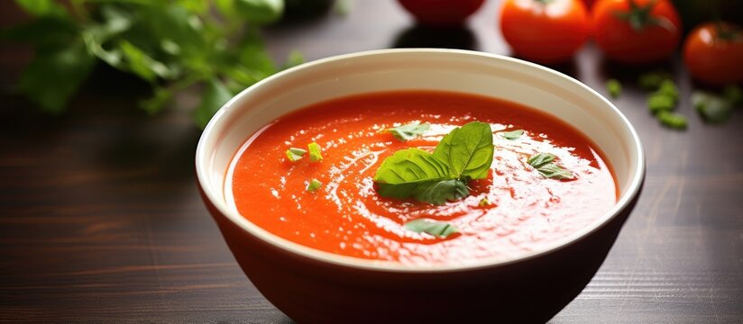 Refreshing gazpacho, a chilled tomato soup, with copy space image.