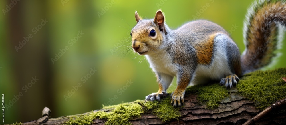 Aufkleber Squirrel with grey fur perched on a tree trunk with copy space image.