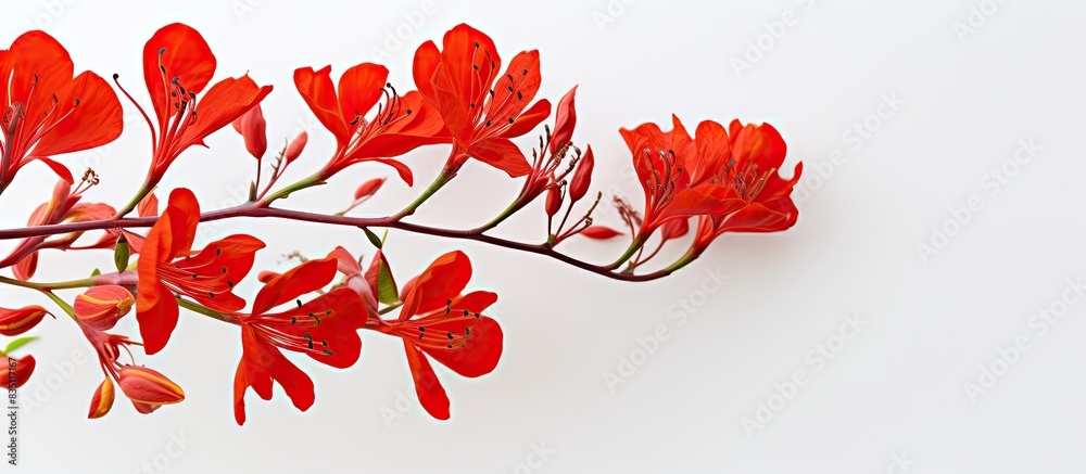 Poster A stunning red Delonix regia flower stands out against a plain white backdrop in a copy space image.