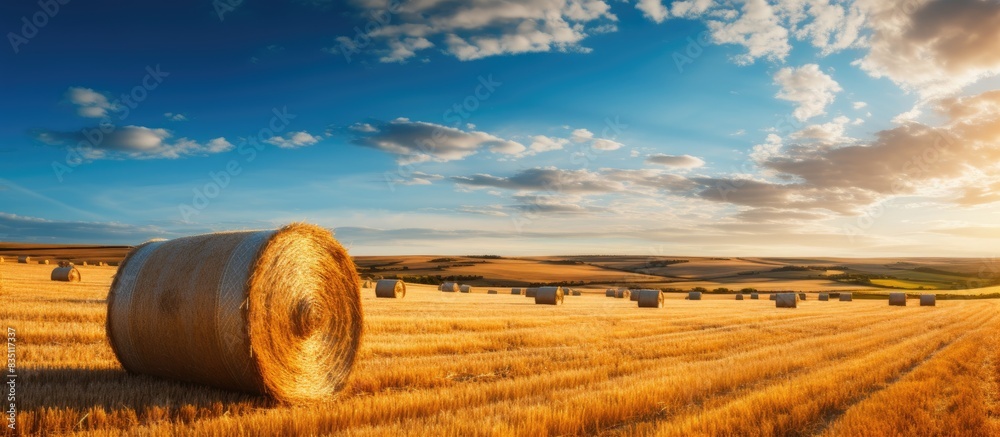 Poster after harvesting, golden wheat fields with straw bales make a beautiful countryside scene with a stu