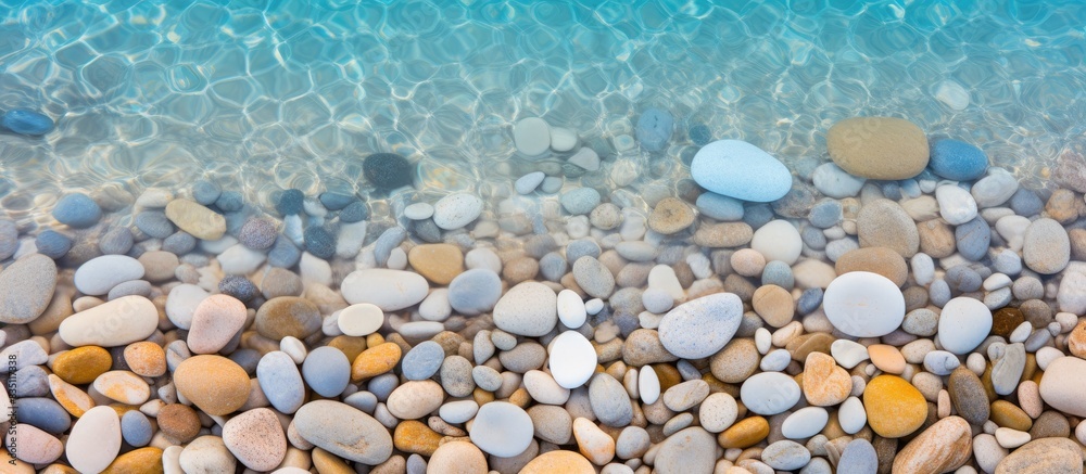 Poster close-up of smooth beach pebbles under clear water on the sand, creating a natural and tranquil vaca