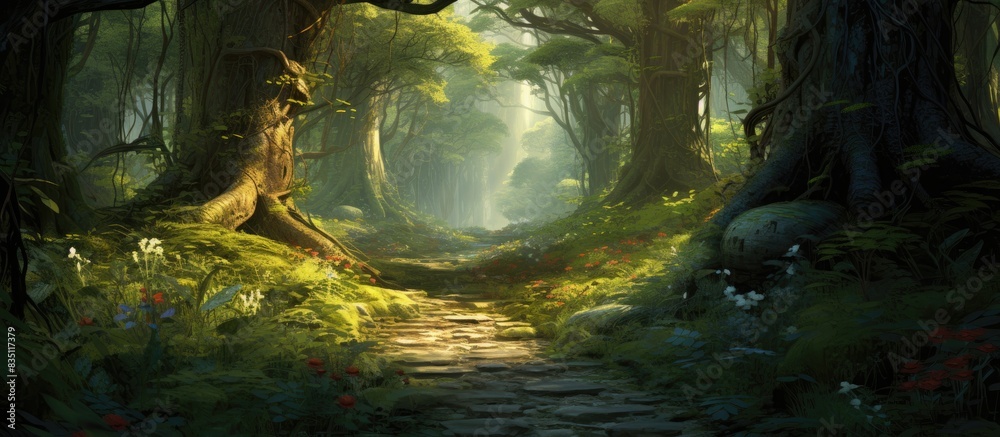 Poster the forest path is lined with dense foliage, providing a picturesque environment with abundant natur