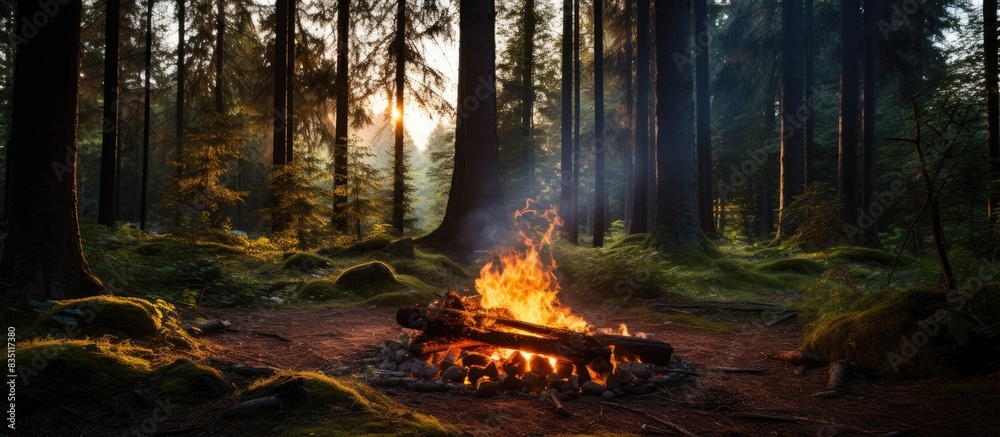 Aufkleber Sunlight filtering through the trees illuminates a serene campfire in the forest, creating a tranquil setting with a copy space image.